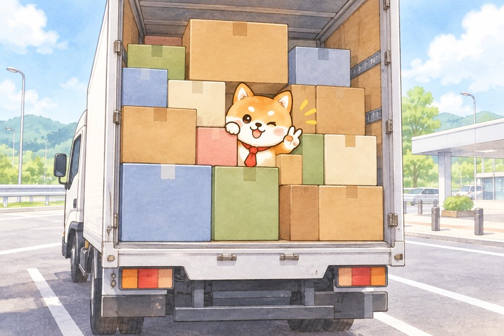 相乗りのトラックの荷台で段ボールのすき間から顔を出す柴犬のナビ助