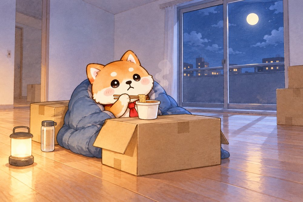 家具が届く前の新居で寝袋にくるまってカップめんを食べる柴犬のナビ助