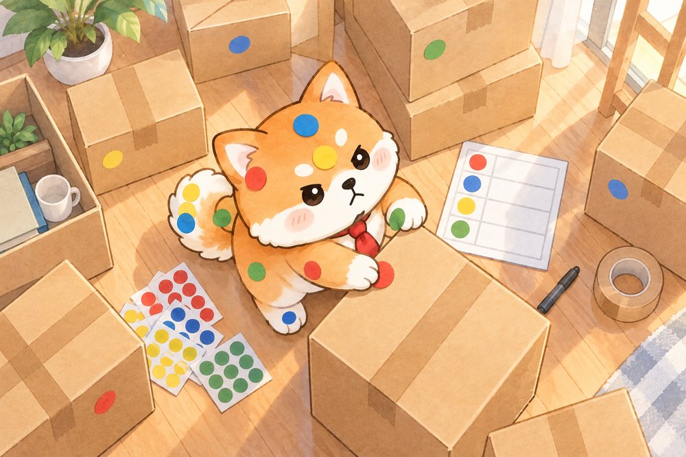 段ボールに色分けシールを貼って荷物を管理する柴犬のナビ助