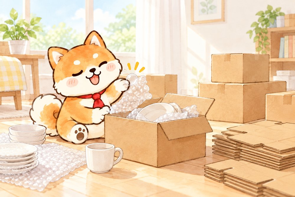 プチプチで食器を包みながら誘惑に負けるナビ助